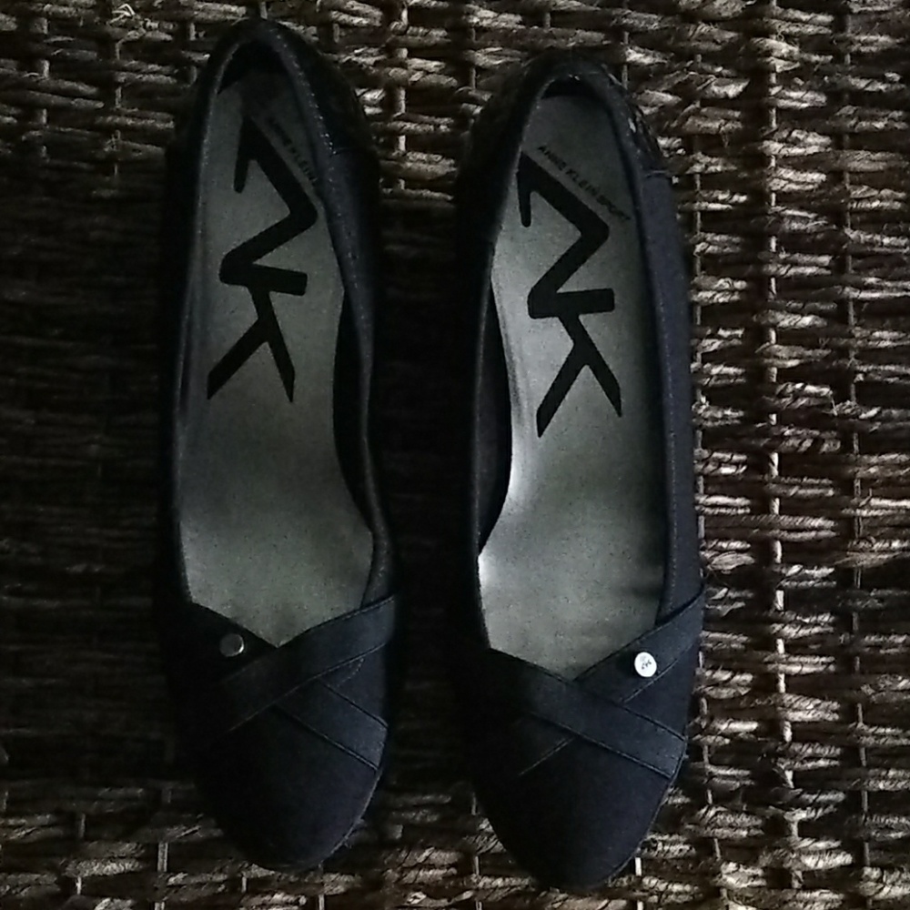 Anne Klein  Black, front strap wedged heel shoes